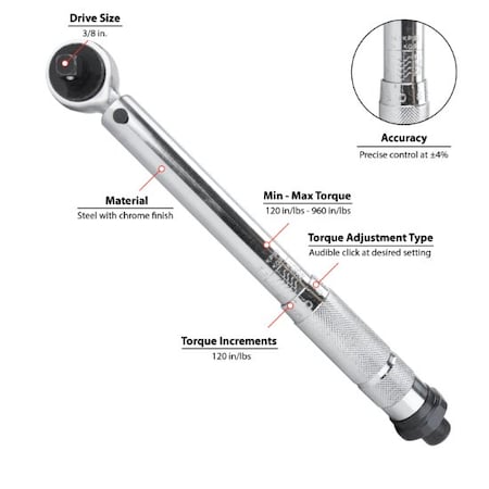 3/8 In Dr. Click Torque Wrench,M202-P